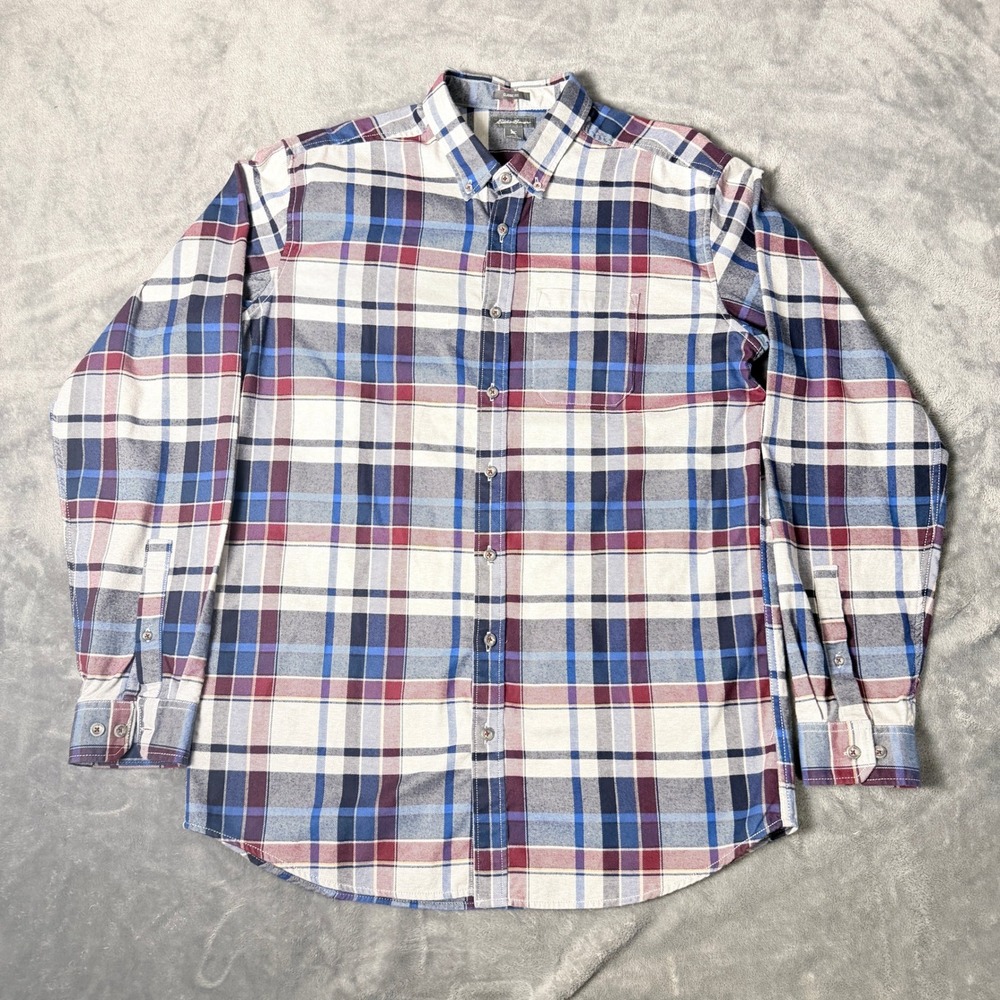 Eddie Bauer Mens Tall TL Classic Fit Plaid Flannel Button Down Shirt Blue Red